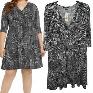 Karen Kane Dress Black White 3/4 Sleeve 3X Stretch Comfort Fit Faux Wrap V-Neck